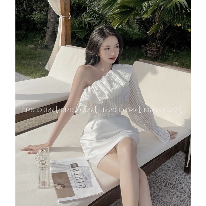 SET ÁO BÈO NGỰC LỆCH VAI TAY PHỒNG + CHÂN VÁY TRẮNG