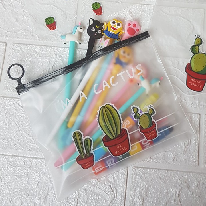 HCM - Combo 2 túi xương rồng đựng bút viết đồ văn phòng dễ thương chống thấm