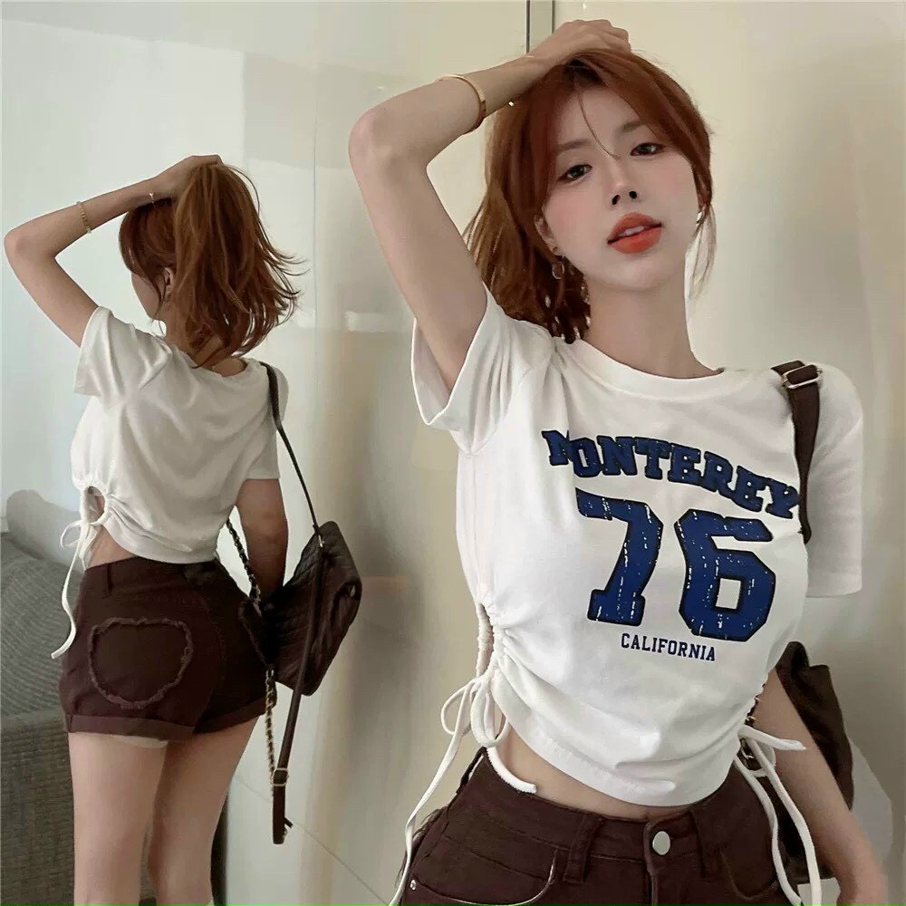 ÁO CROPTOP KIỂU LỬNG NỮ CỔ TRÒN NGẮN TAY IN 76 KHOÉT TRÒN 2 HÔNG PHỐI DÂY RÚT MÀU TRẮNG MÀU ĐEN SIÊU NGẦU CỰC CÁ TÍNH