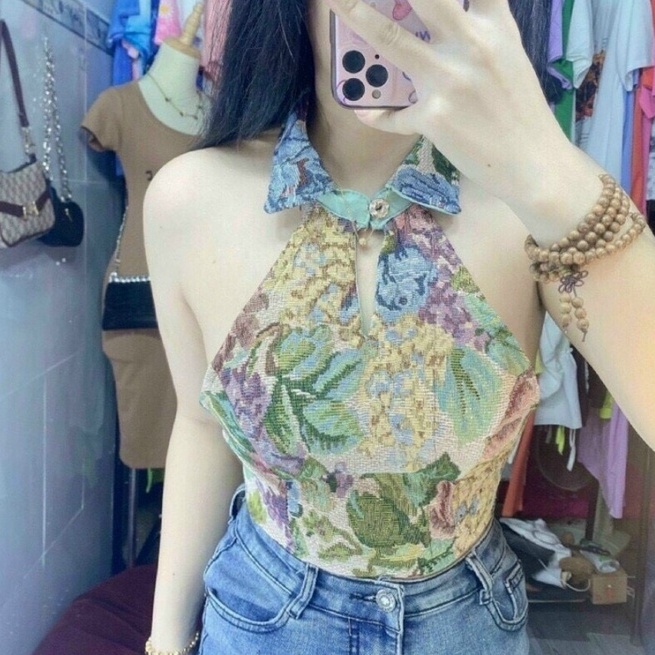 Áo Thổ Cẩm Dệt Kiểu Hai Dây Croptop Đan Dây Trước Ngực