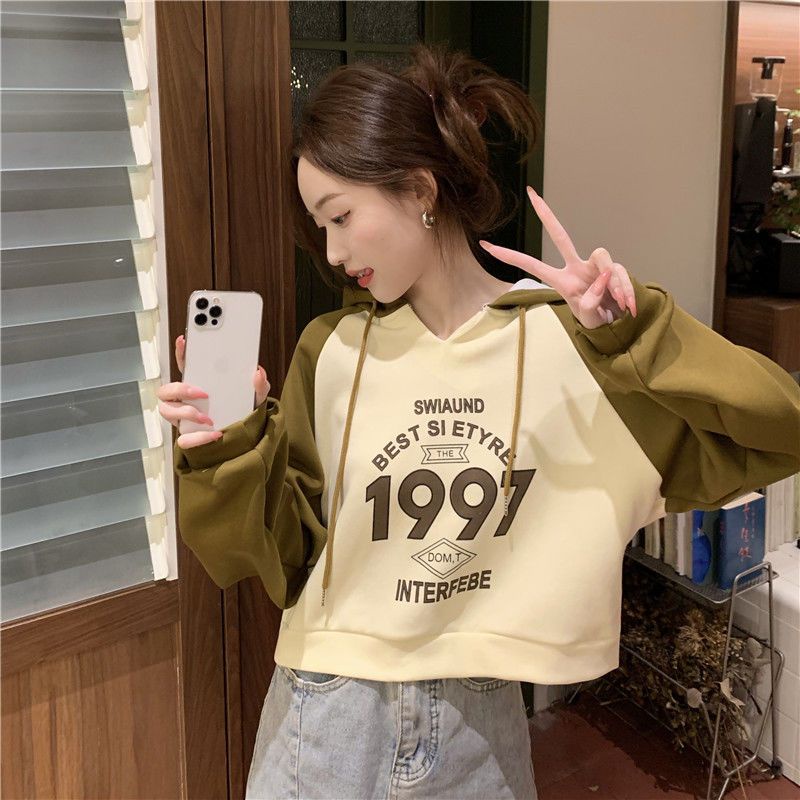 Áo hoodie COZOK tay dài dáng rộng in họa tiết màu tương phản phong cách Hàn Quốc