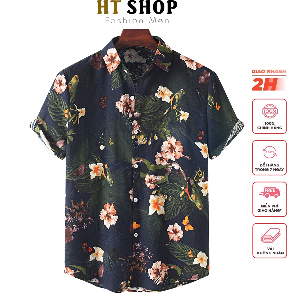Áo Sơ Mi Nam Ngắn Tay HT 01 Áo Sơ Mi Tay Lỡ Họa Tiết Vải Lụa Nhật Không Nhăn Form Regular Sơ mi họa tiết Đi Biển HT Shop