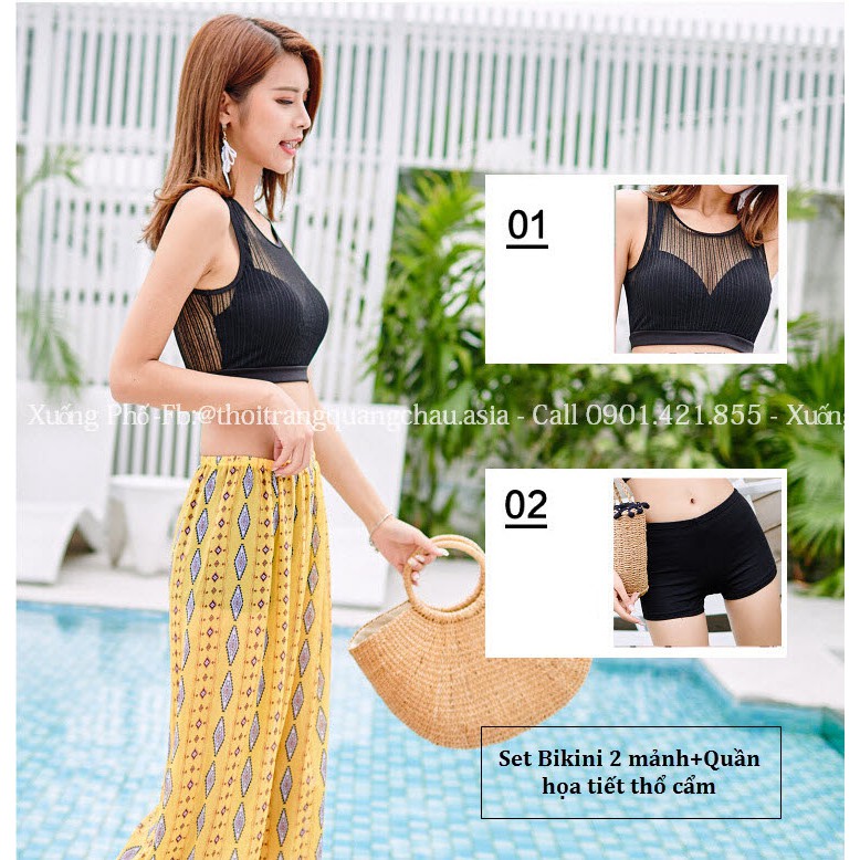 (Hàng Nhập) Đồ bơi, Bikini 3 mảnh, gồm áo+quần bơi, kèm quần khoác ngoài Phong cách Boho, thổ cẩm #0318019