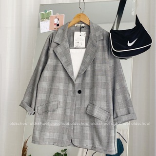 ÁO BLAZER KẺ TRẮNG ĐEN TÚI NẮP (ảnh thật/sẵn/cóvideo)