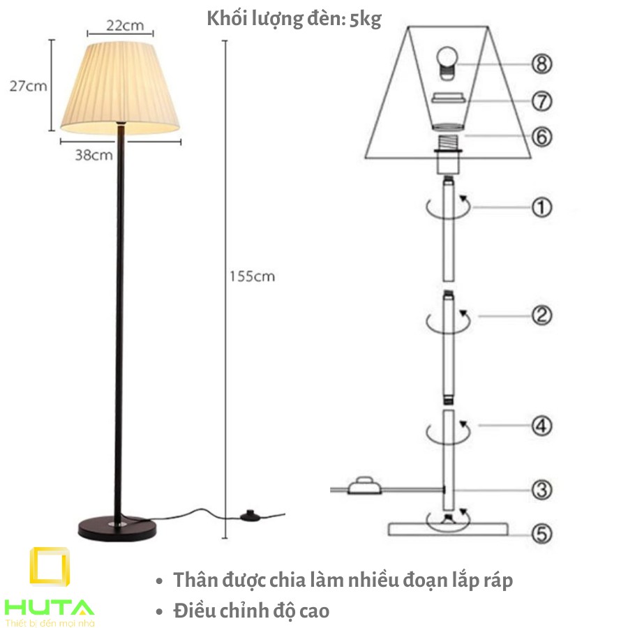 Đèn Cây Đứng Phòng Khách, Dùng Làm Đèn Sàn Trang Trí Nội Thất, Phòng Ngủ, Bóng Led, Chao Vải, Mã D1– HUTA shop