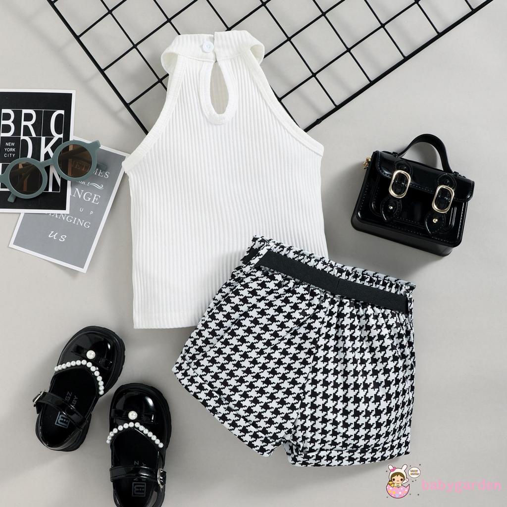 Set Áo Không Tay Cổ Đứng + Quần Short Màu Trơn Kèm Thắt Lưng Dành Cho Bé Gái 4 Tuổi