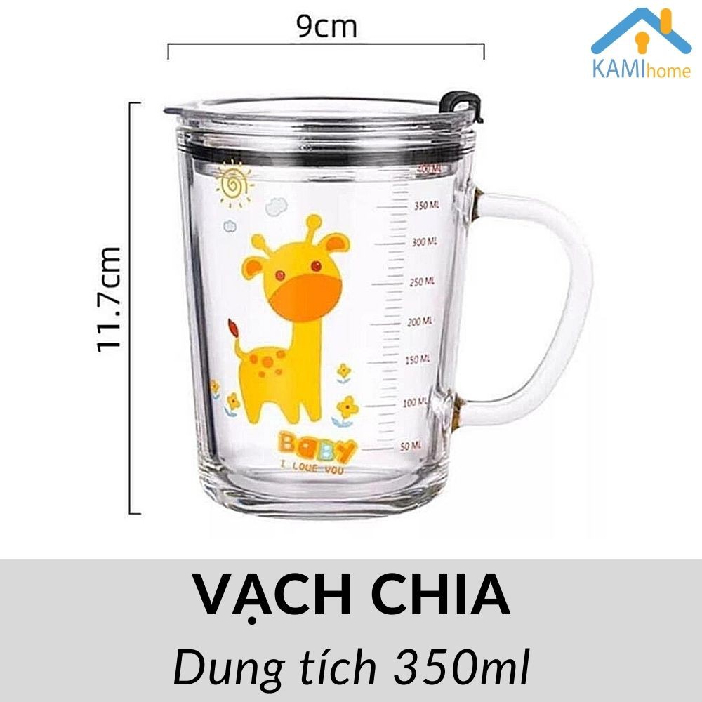 Ly thủy tinh chịu nhiệt 350ml có Quai và Nắp chống tràn giữ cách nhiệt Kami22022. 20024