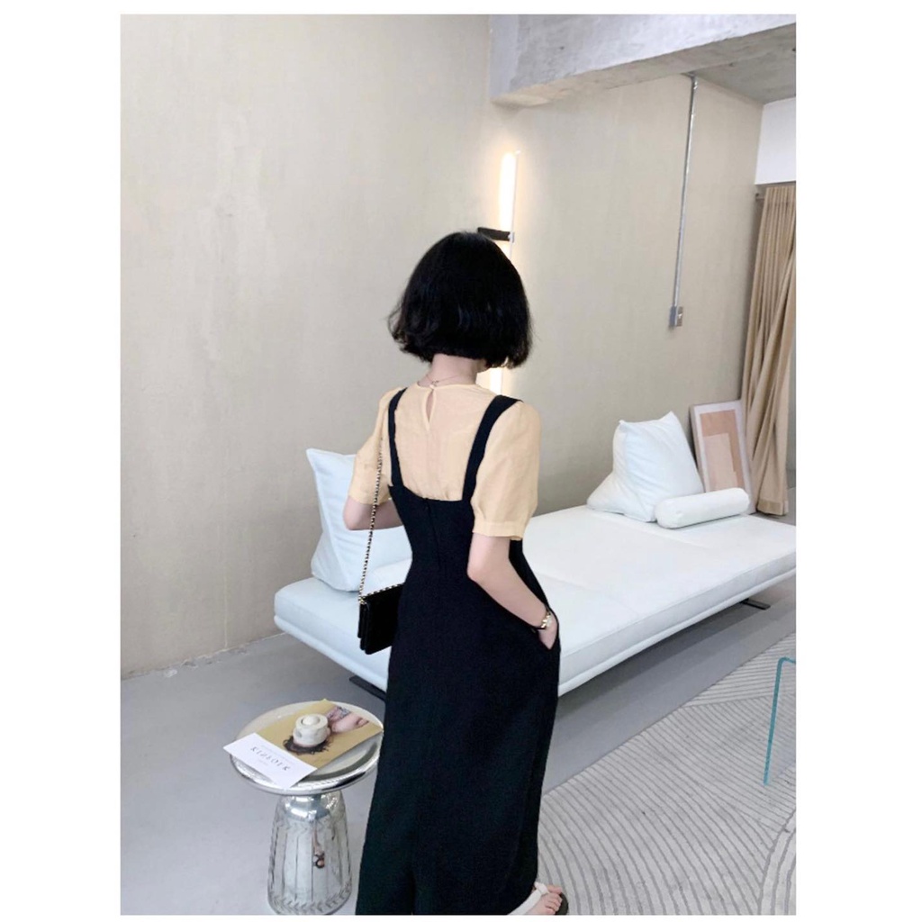 Đầm yếm liền midi phối 2 màu trắng be V2740 Aholic