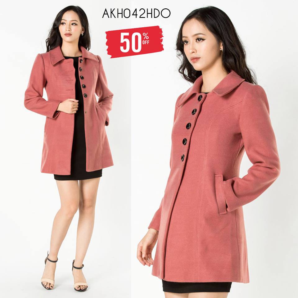 Áo măng tô 2 lớp tay dài dạ len hồng đỗ cổ nam không chân 5 khuy The One Fashion AKH042HDO