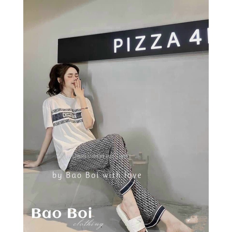 sét bộ cotton quần sọc họa tiết áo in chữ ngắn tay