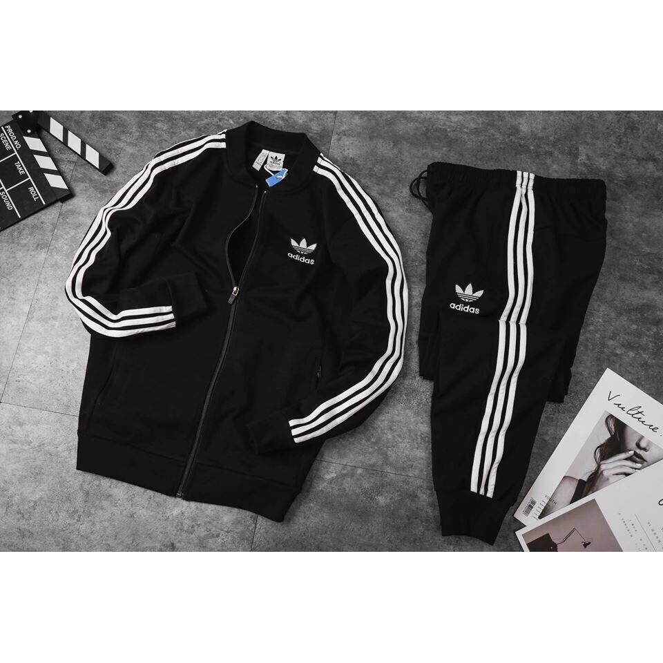 Set - Adidas quần áo tay dài sọc trắng VI Đen