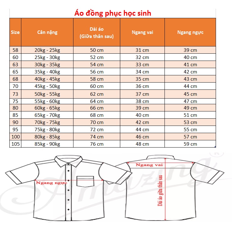 Áo đồng phục học sinh từ 20kg-90kg - Áo trắng học sinh nam các cấp - NH Kids Shop