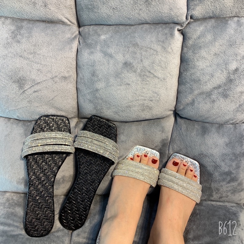 Dép quai ngang đính đá đế bằng sang chảnh giá rẻ,dép lê đá bệt hàng đẹp mã 886