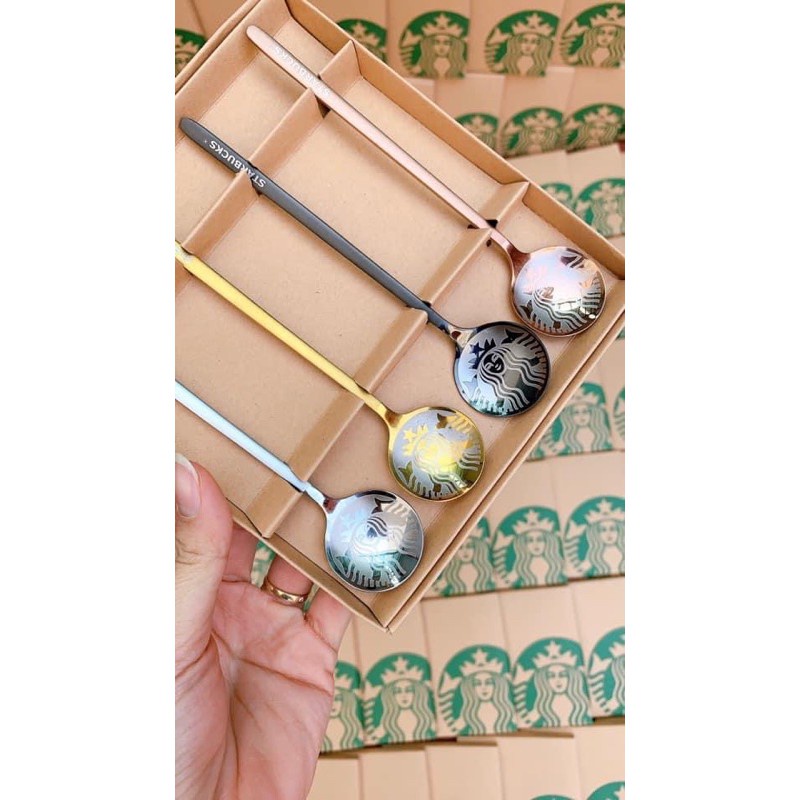 Set 4 thìa , muỗng Starbuck inox 304 mạ vàng cực xinh