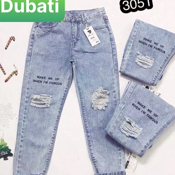 QUẦN JEAN BAGGY NỮ IN CHỮ RÁCH GỐI LƯNG CAO NÂNG MÔNG SANG CHẢNH HÀN QUỐC- DB 3051- DUBATI FASHION