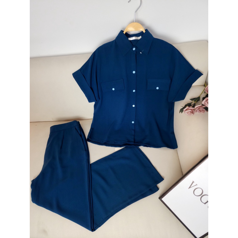 Set quần rộng ống suông nữ lưng cao KÈM ÁO SƠ MI chất đũi lụa cao cấp loại 1 trẻ trung sang trọng DB04