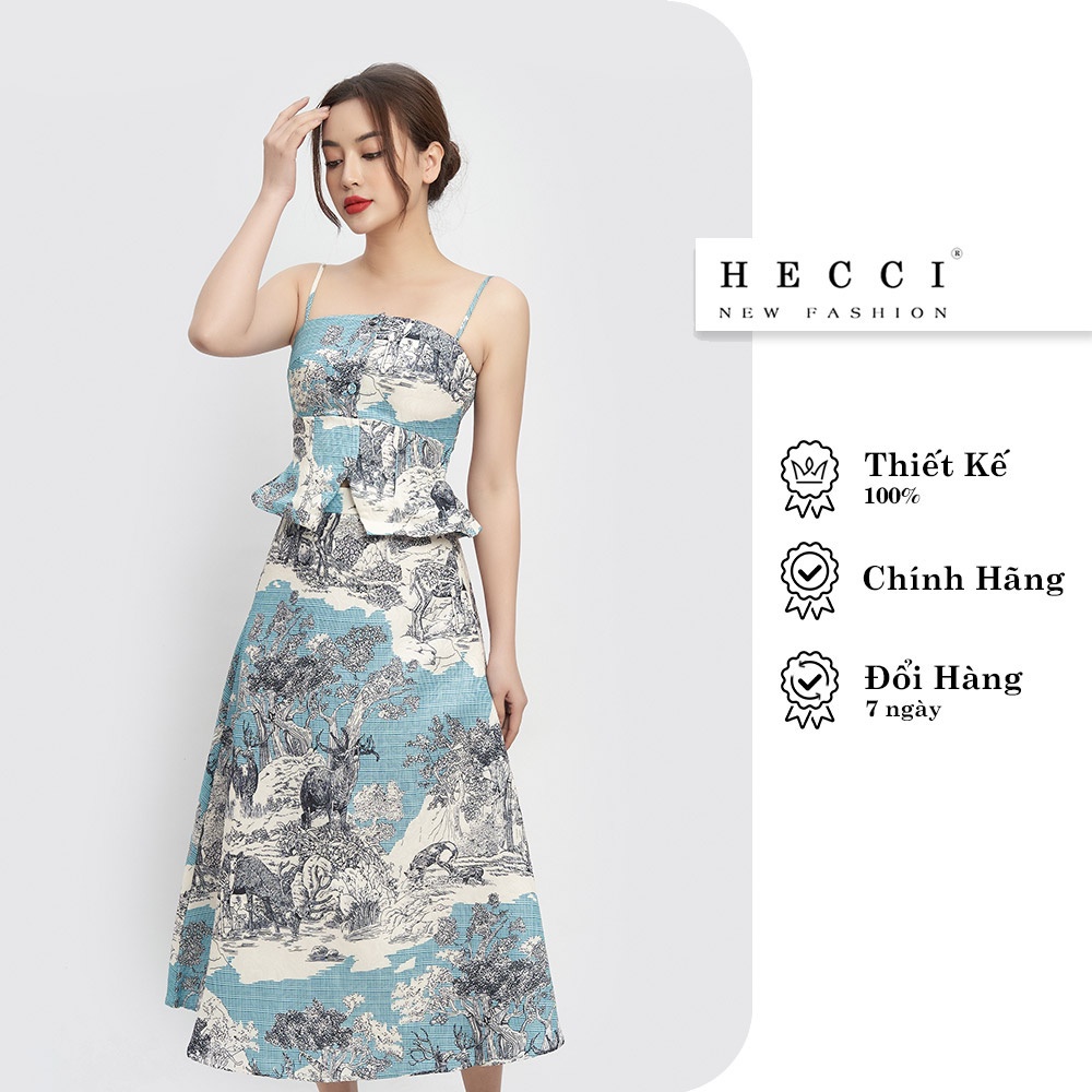 Set váy xòe hai dây HECCI lụa gấm gân nổi màu xanh họa tiết tách rời được B34