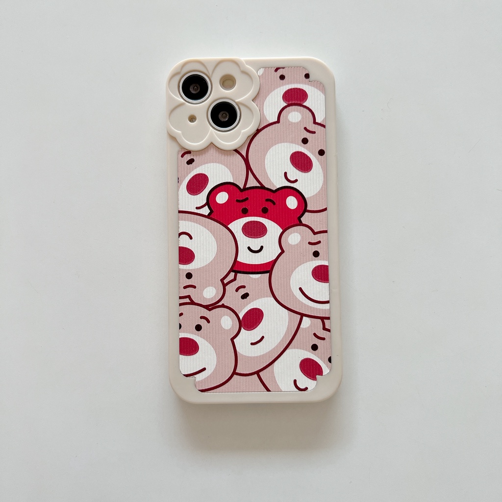 Lovely Cartoon Pink Bear Phone Case with Flower Camera Hole,Fashion Shockproof Full Protective Phone Cover