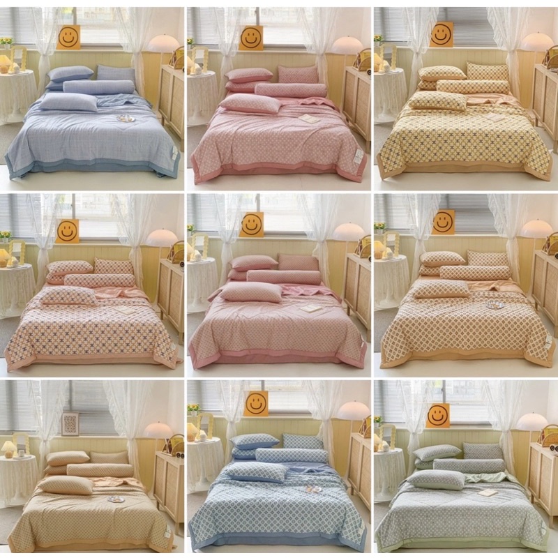 Bộ chăn ga cotton đũi họa tiết 5 món, mềm mịn chăn hè ga giường vỏ ôm vỏ gối