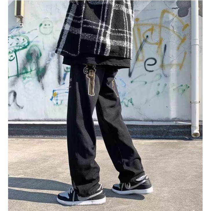 Quần Jeans Lưng Cao Thêu Họa Tiết Plus Size Cho Nam Nữ