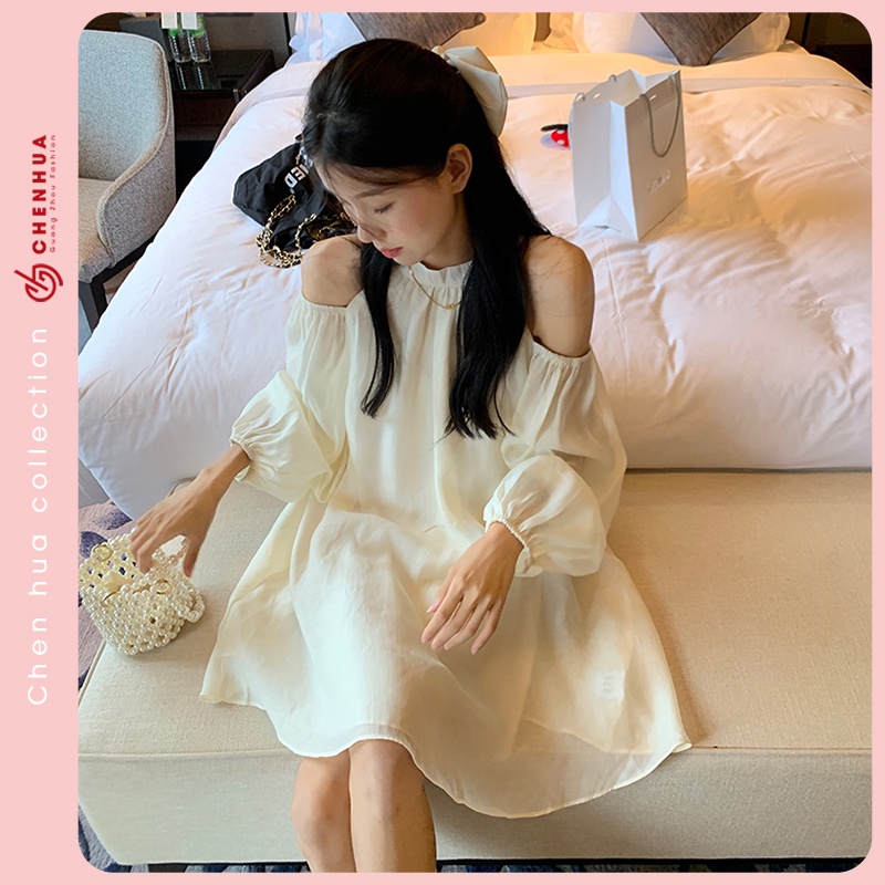 Váy hở vai dài tay ChenHua đầm ngắn xòe đi chơi style hàn quốc đẹp VT163