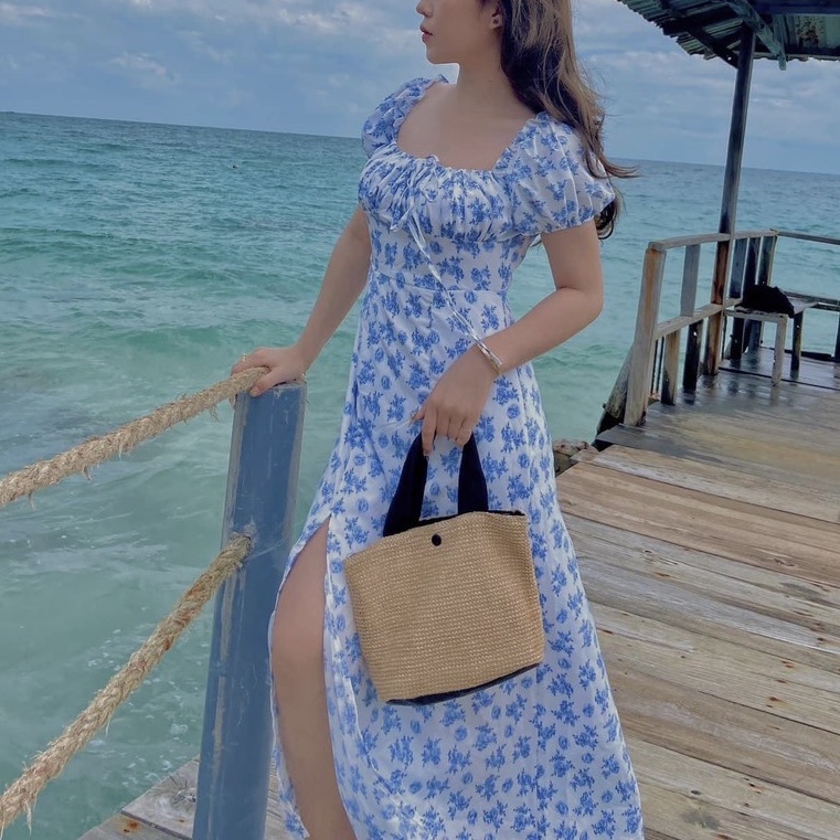ĐẦM MIDI HOA NHÍU NGỰC XẺ ĐÙI XANH - DA2387