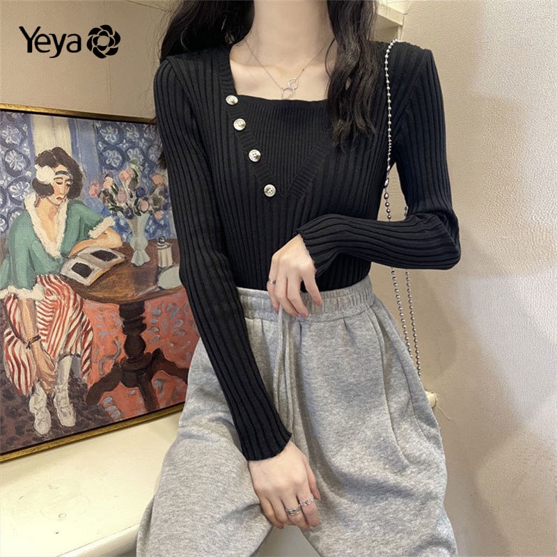 Áo len YEYA tay dài cổ vuông phong cách Hàn Quốc