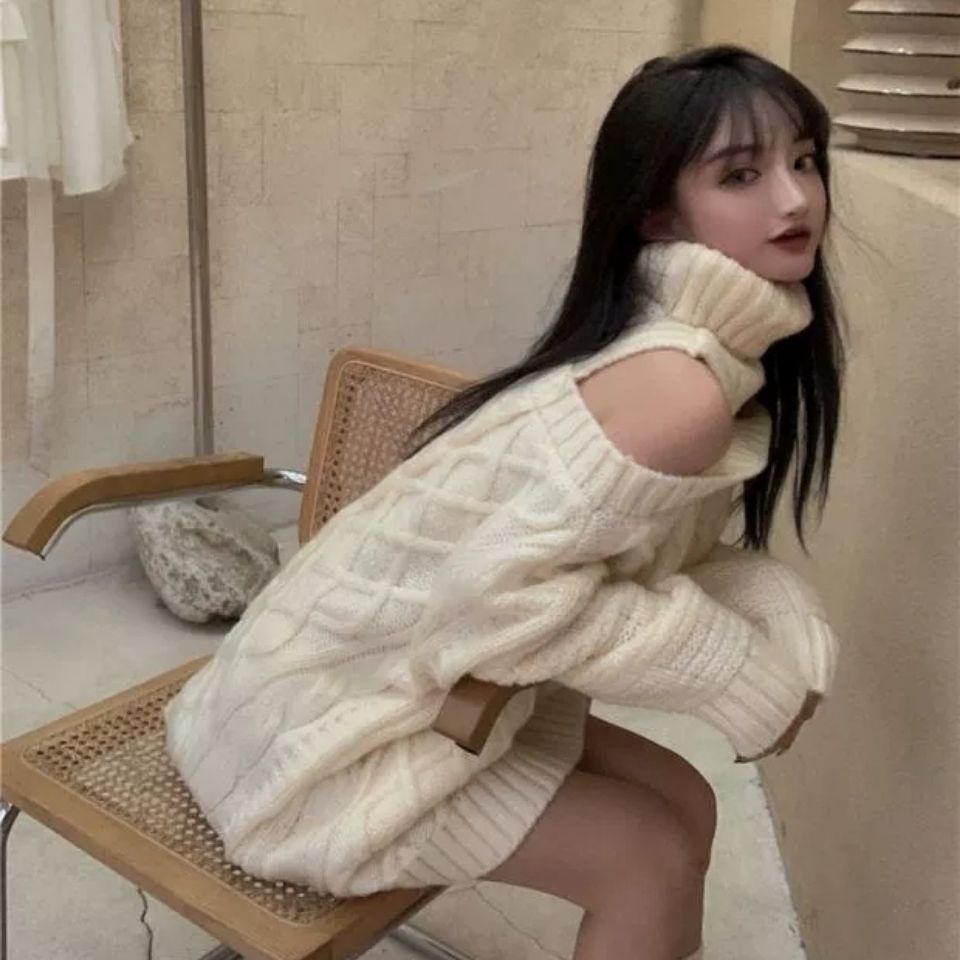 Áo sweater dệt kim cổ cao tay dài dáng rộng thời trang thu đông hàn quốc cho nữ