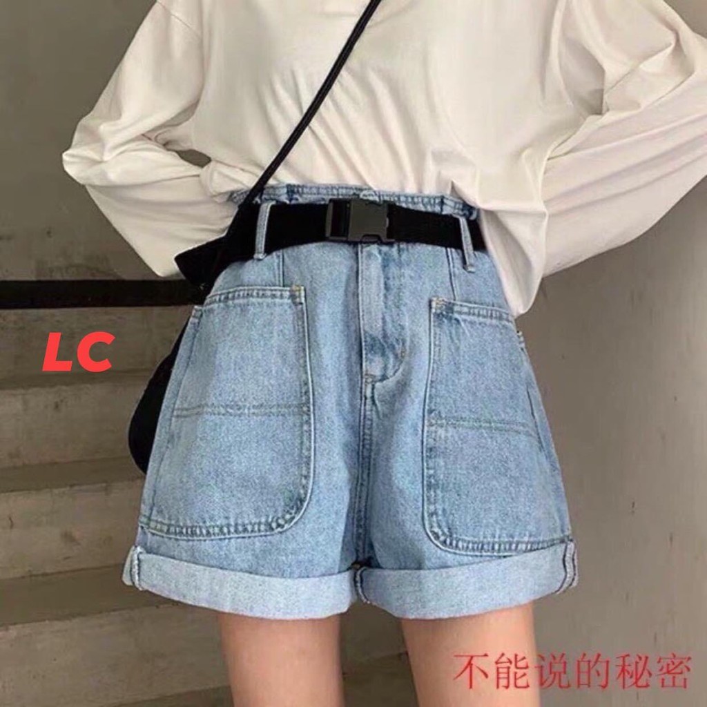 Short Bò Phối Hai Túi Trước BIGTOE Nữ ♥ Quần đùi jean dáng suông gập gấu cạp khuy lưng cao Ulzzang HOT ♥ | BigBuy360 - bigbuy360.vn