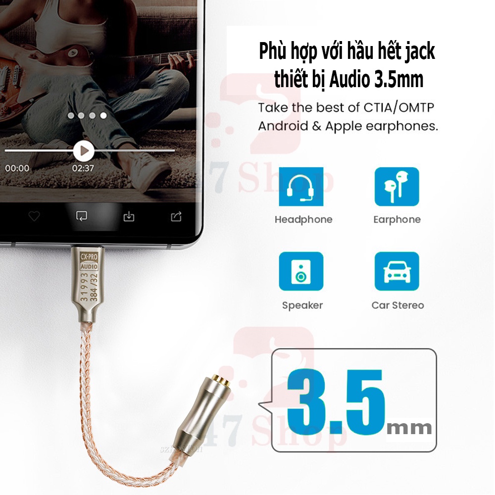 Dây Cáp Chuyển Đổi Tai Nghe CX31993 USB Type C DAC NR128dB PCM 32b / 384kHz Qua Giắc 3.5mm - Tương Thích Onn, Chromecast