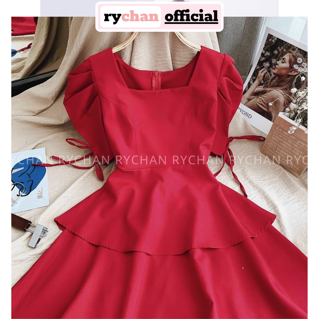 Đầm Xòe Cổ Vuông Tay Nơ Phồng 2 Tầng Nữ Tính 3 Màu Trắng Nude Đỏ [Ảnh Thật Cuối] - DX0092