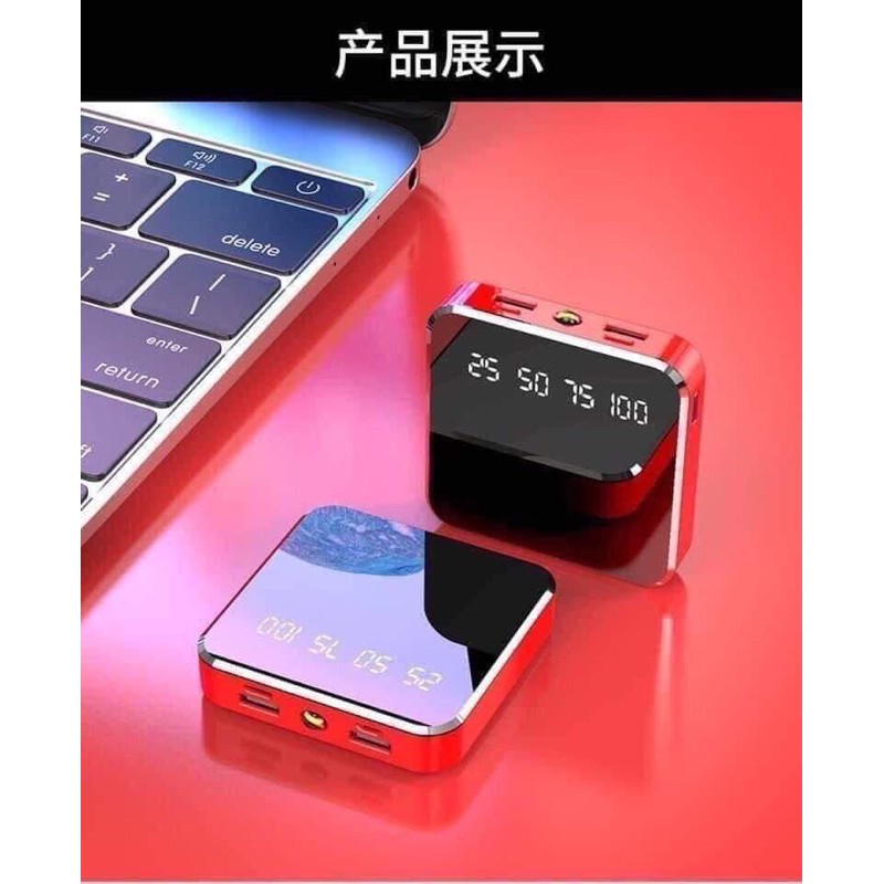 Sạc pin dự phòng mini 2 cổng usb  10000 mah mặt gương kèm đèn pin chiếu sáng