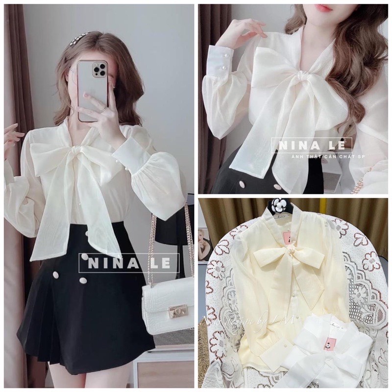 [Ảnh thật/Video] Áo sơ mi Lazy thiết kế tay bồng cổ nơ khuy ngọc tiểu thư Áo trắng công sở nhẹ nhàng