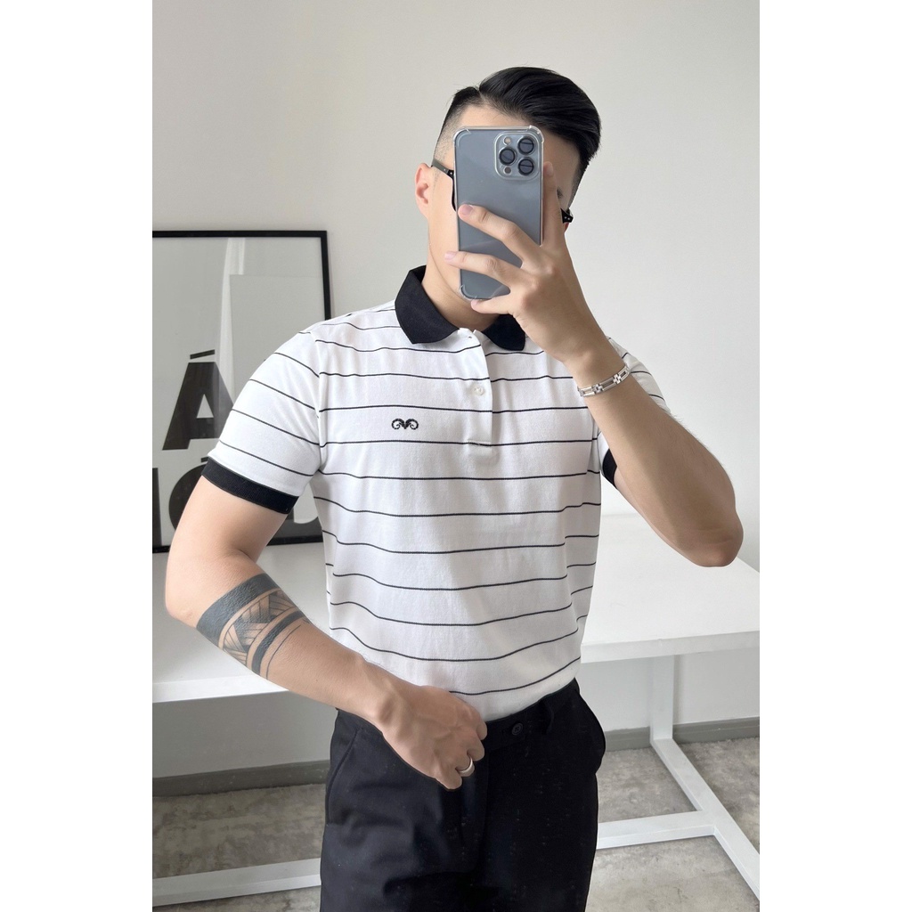 Áo Polo Americus Gosani Sọc Ngang Chất Liệu Cotton Màu Trắng Và Xanh Đen