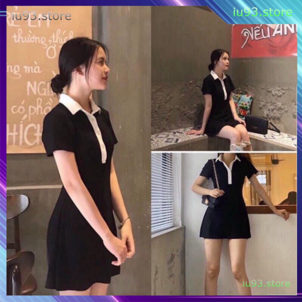 {SP mới - sẵn} -  Đầm Polo Nữ Đen Xòe Dáng Ôm 💎 Váy Polo Nữ Cổ Phối Trắng Chất Borip Dáng Chữ A Ngắn Body 💎 - iu93.sto | BigBuy360 - bigbuy360.vn