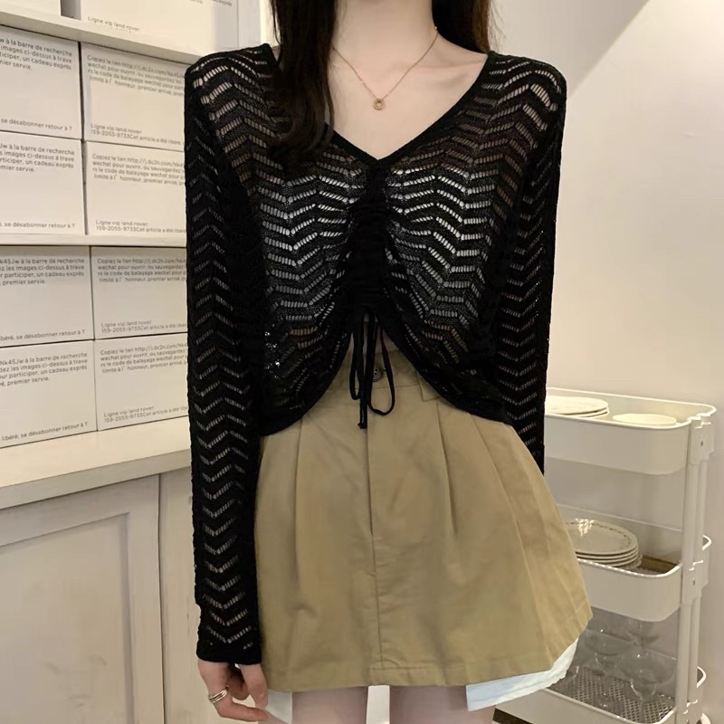 áo len lưới dệt kim rút dây ngực sexy (8607-1#)