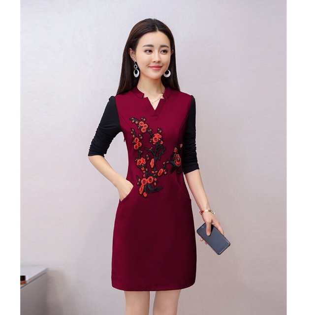 HÀNG NHẬP - ĐẦM SUÔNG CỔ CÁCH ĐIỆU THÊU HOA CAO CẤP QC