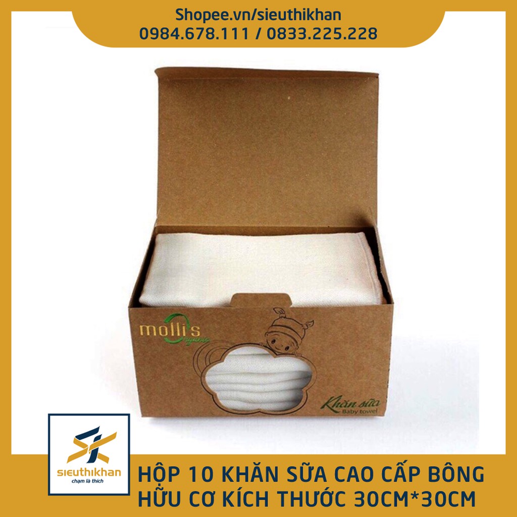 Hộp 10 khăn sữa cao cấp mollis cho em bé kích thước 30x30cm bông hữu cơ - Khăn sữa Mollis Organic P777 | SIÊU THỊ KHĂN