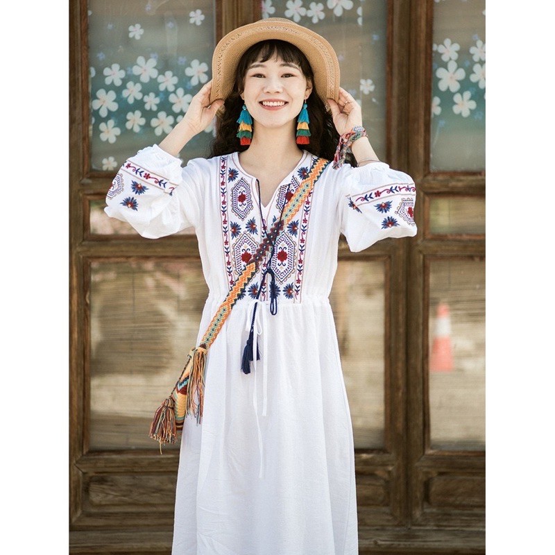 Váy boho váy bohemian thổ cẩm thêu sắc nét có ảnh thật