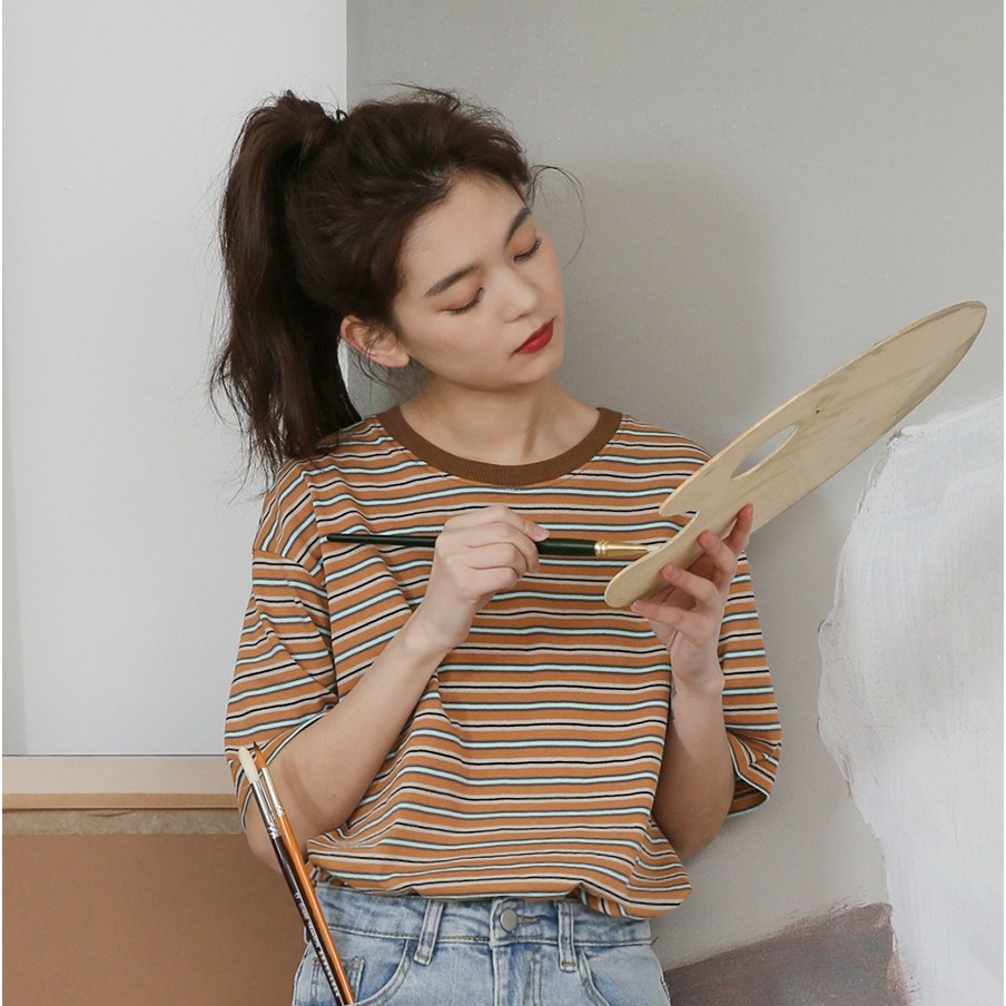 Women's Fashion Summer Casual T Shirt Short Sleeve O-Neck Korean Style Striped Loose Tee