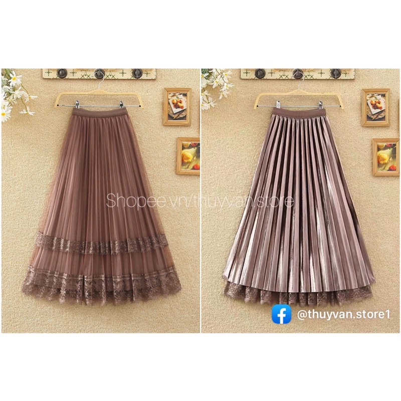 9933 Chân váy xòe xếp ly ren lụa mặc 2 mặt hàng cao cấp Quảng Châu