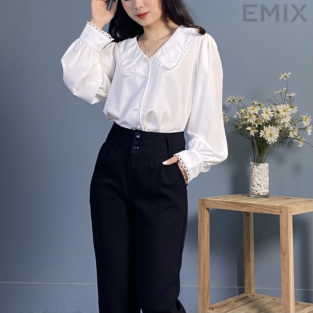 Áo sơ mi công sở phối ren EMIX (màu trắng), dáng dài, tay bồng, cổ ren, chất voan cát mềm mịn không nhăn