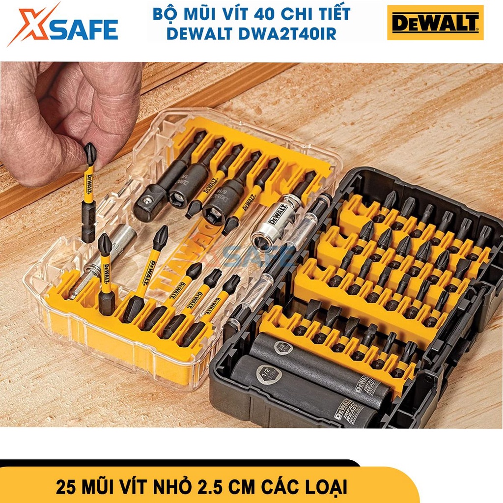 Bộ mũi vít 40 chi tiết Dewalt DWA2T40IR gồm 40 mũi vít hỗ trợ bắt nối vít có từ, chất liệu thép Cr-mo cứng rắn