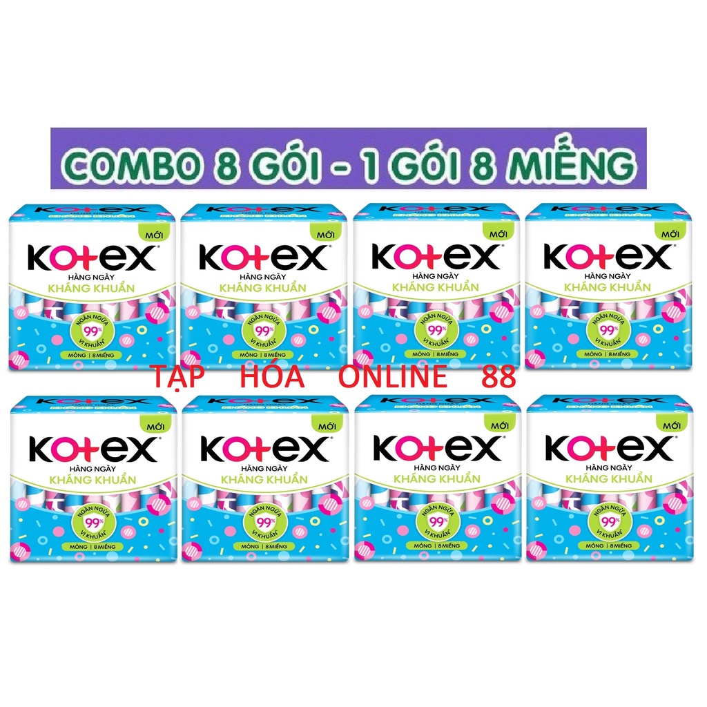 Lốc 8 gói Băng Vệ Sinh Kotex Hàng Ngày Kháng Khuẩn 8 miếng gói dài 15cm