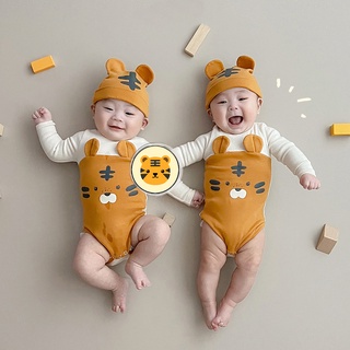 Áo liền quần BCBL tay cộc vải cotton hữu cơ hình hổ vàng có mũ cho em bé