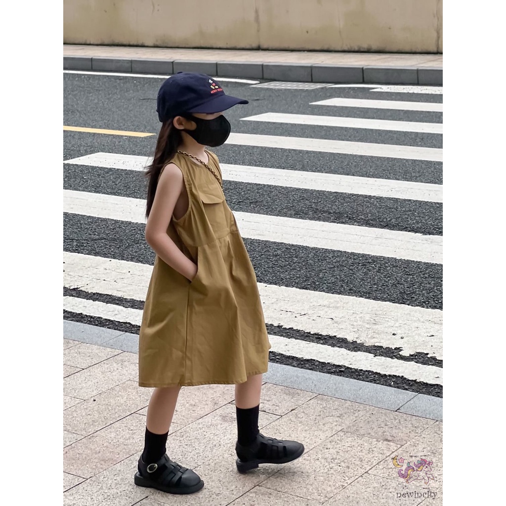 Đầm Không Tay Phối Túi Dễ Thương Thân Thiện Với Da Phong Cách Hàn Quốc Dành Cho Bé Gái