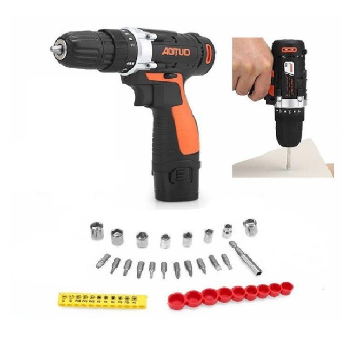 Máy khoan vặn vít không dây tốc độ có đảo chiều Aotuo 12V - Tặng kèm bộ 20 mũi vít