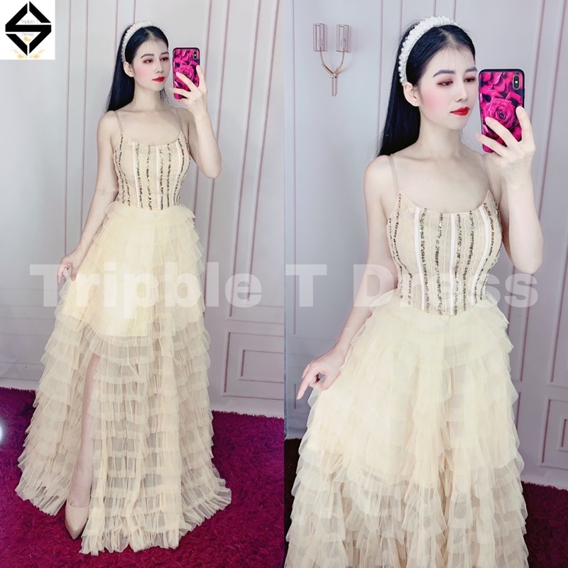 Đầm maxi TRIPBLE T DRESS cúp xếp tầng kết cườm - size M/L - MS348V