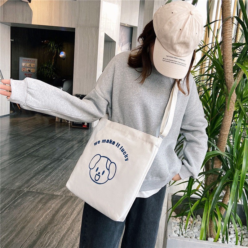 Túi đeo vai vải canvas sức chứa lớn phong cách Hàn Quốc xinh xắn dành cho nữ
