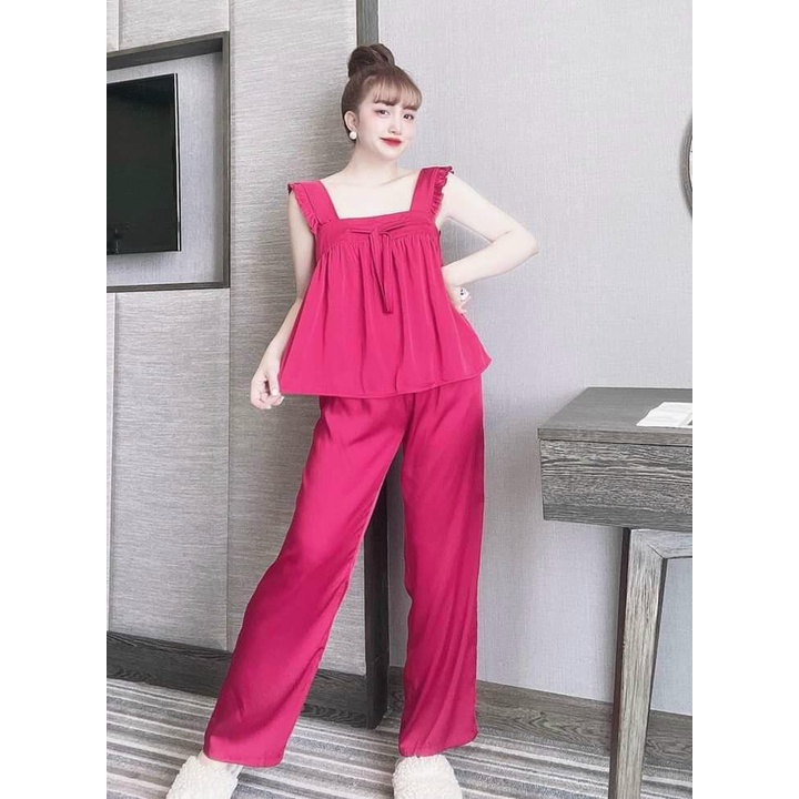 Đồ ngủ sexy 2 dây - Đồ bộ chất lụa satin mặc nhà thoải mái Freesize dưới 58kg